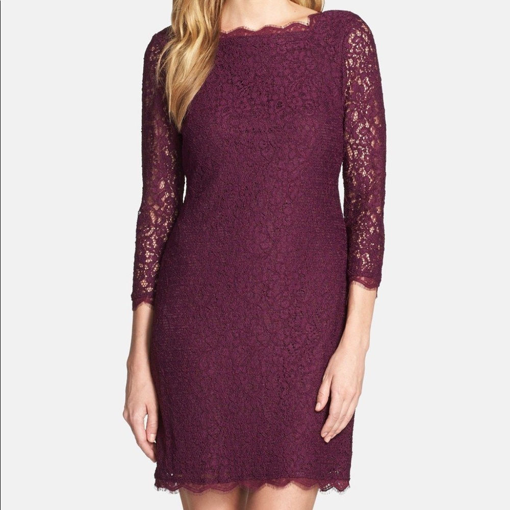 Adriana Papell lace overlay sheath dress mulberry